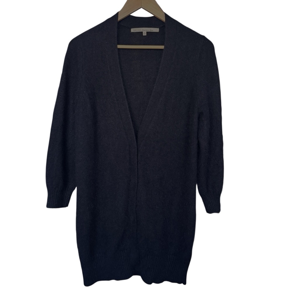 Angora Blend Long V Neck Cardigan Sweater Black Size XL